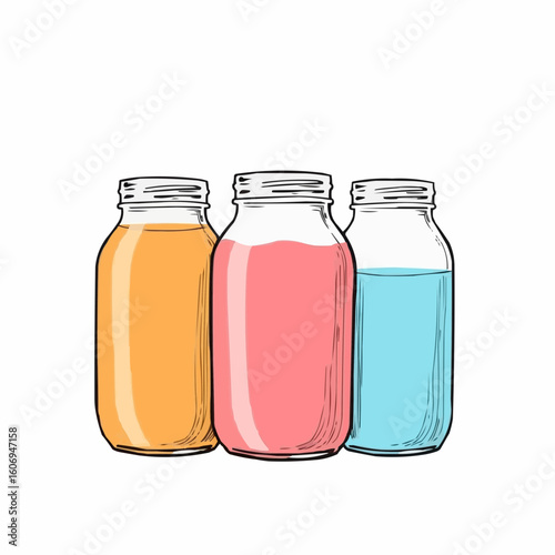 Three jars of colorful beverages in minimalist style  