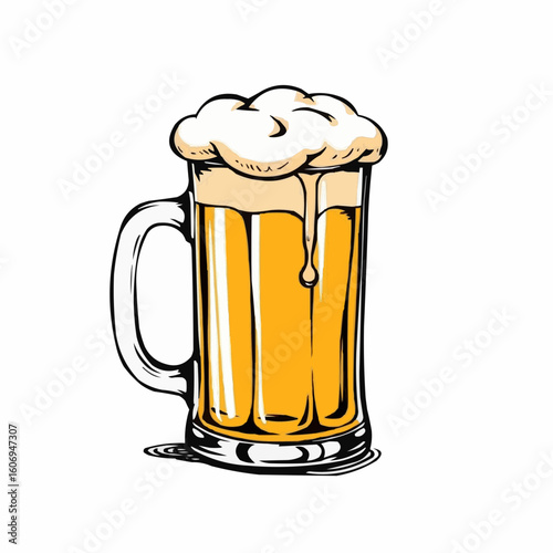 Beer mug with foamy head pouring from glass  