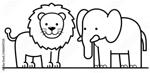 coloring page. Cartoon illustration featuring a friendly lion and an elephant standing side by side, showcasing their playful nature and vibrant personalities in a whimsical design