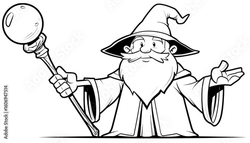 coloring page. Cartoon wizard character with a long beard, wearing a pointed hat, holding a magical staff with a glowing orb, showcasing a whimsical fantasy theme and enchanting atmosphere