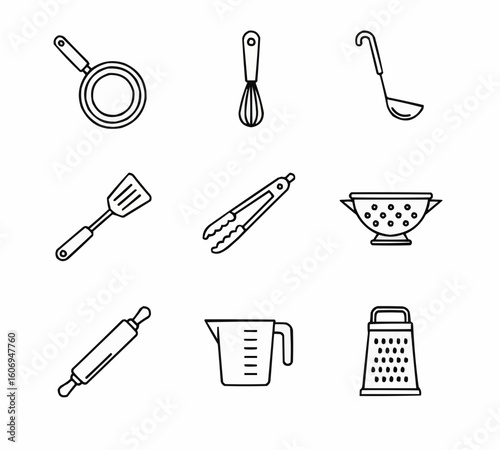 Set of Kitchen Utensil Icons Representing Cooking Tools and Equipment