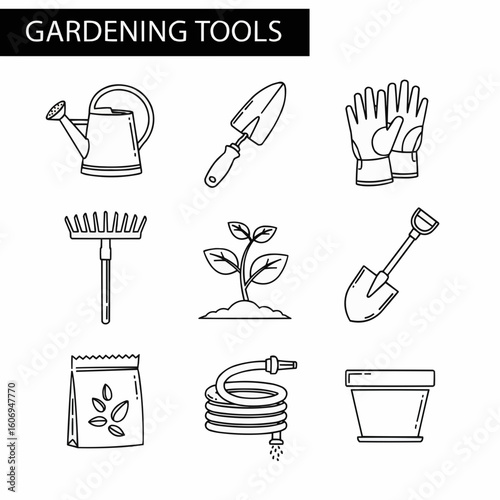 Collection of Simple Gardening Tools and Accessories in a Line Art Style