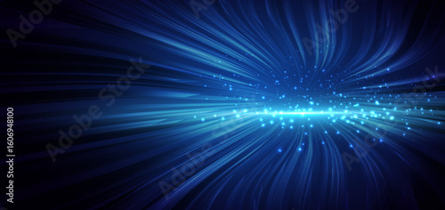 Blue glowing wave lines swril circles with lighting effect and sparkle on dark blue background.