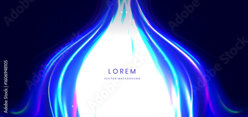 Blue glowing ray curved light on dark background with copy space for text.