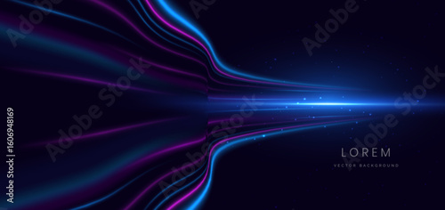 Abstract futuristic blue and pink curve light ray on dark blue background.
