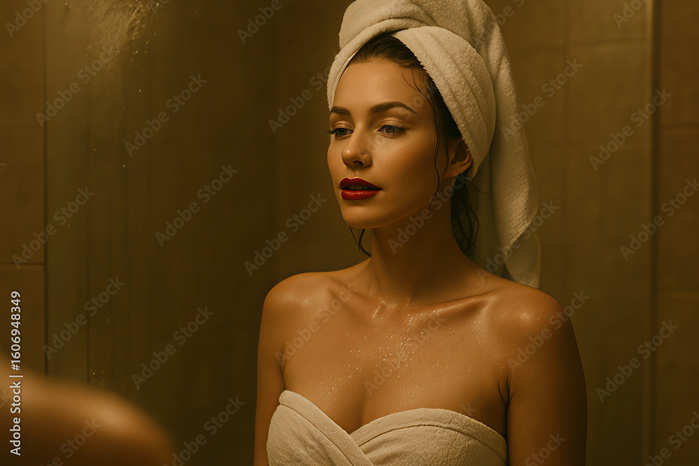 Fototapeta premium Self-Reflection in the Mirror: A young woman, wrapped in a towel, gazes at her reflection with a thoughtful expression, illuminated by soft lighting in a bathroom, showcasing the raw.