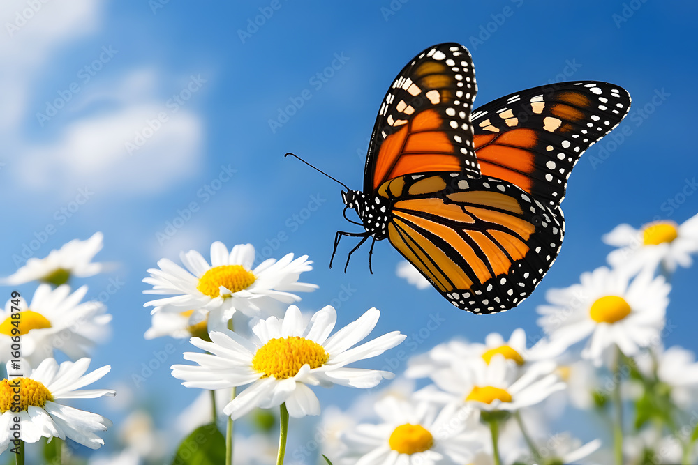 Fototapeta premium a butterfly is flying over a field of daisies