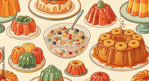 A nostalgic seamless pattern illustration of a retro dessert buffet, featuring colorful gelatin molds, a bowl of ambrosia fruit salad, and a pineapple upside-down Bundt cake in a vintage, hand-drawn.