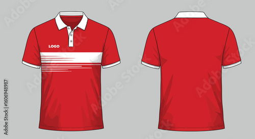 Flat Vector Polo Shirt – Red and White Front and Back View