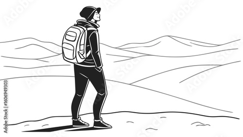 "A bold black vector silhouette of a single man standing alone on a hilltop, arms crossed, facing the horizon. Strong, clean lines with minimalist mountains and sky in the background. Symbolic of inde