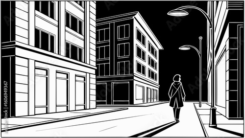"A black vector of a lone person walking down an empty city street at night. Street lights and buildings shown with geometric simplicity. The figure is central and symbolic of solitude and strength."
