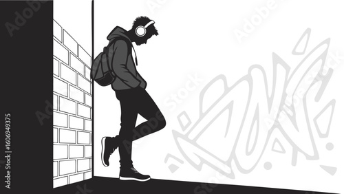 "A sharp, edgy black vector design of a single person with headphones on, leaning against a wall, one foot up. Urban minimalist vibes with graffiti-style background in silhouette."

