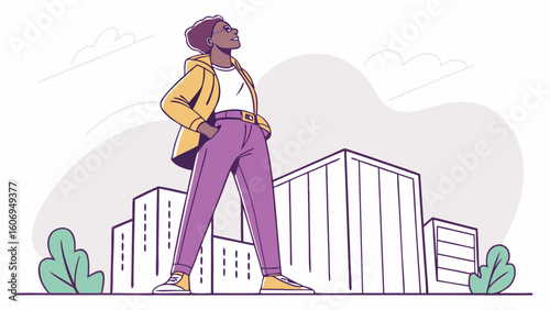 "A vibrant, vector-style illustration of a confident single person standing tall in a cityscape. The person is dressed casually, with a slight smile on their face, looking ahead with a sense of freedo