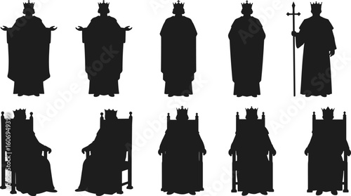 King Silhouettes – Royal Male Figures with Crown and Throne Vector Icons for Fantasy, Medieval, or Storytelling Design Projects