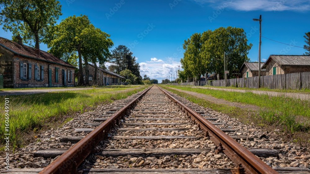 Railway tracks cutting through a rural village with weathered buildings under blue sky Railway tracks cutting through a rural village with weathered buildings under blue sky