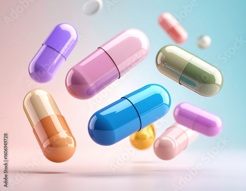 Multiple colorful health capsules are floating and falling in a vibrant, soft gradient space. These bright pills symbolize modern wellness, medical support, and pharmaceutical needs.