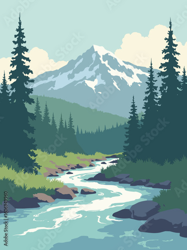 Bend, OR – Deschutes River rapids with Cascade peaks backdrop in river teal, alpine white, forest green, and shadow gray