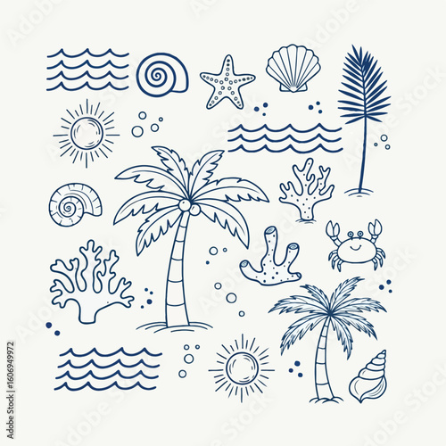 Charming hand drawn beach and ocean elements collection