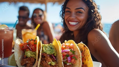 Happy woman eating tacos on beach.
