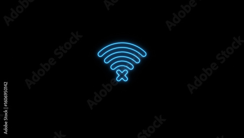Glowing neon WIFI no signal indicator isolated on black background
