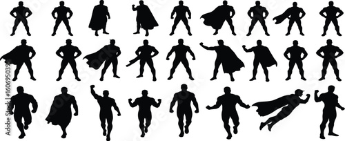 Superhero Silhouettes in Dynamic Poses – Vector Icons of Caped Heroes, Flying, Standing, and Action Stances for Comics and Design