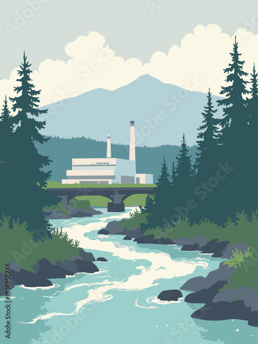 Renton, WA – Cedar River rapids by Boeing plant in river teal, factory gray, evergreen green, and overcast sky silver