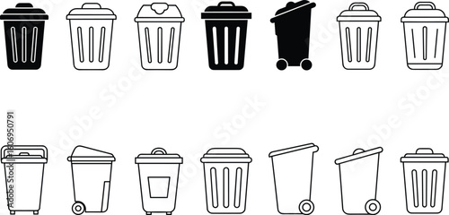 Trash can icon set – garbage and recycle bin outline and silhouette vector collection for UI, apps, signs, or infographics