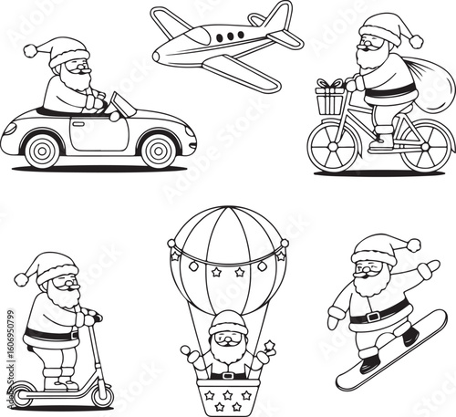 Santa's Festive Journeys: A whimsical collection of Santa Claus enjoying various modes of transport.