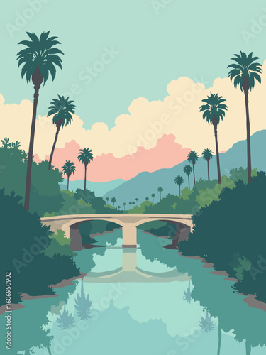 El Monte, CA – Rio Hondo River greenbelt and city bridge in river green, concrete gray, palm frond green, and dawn pink