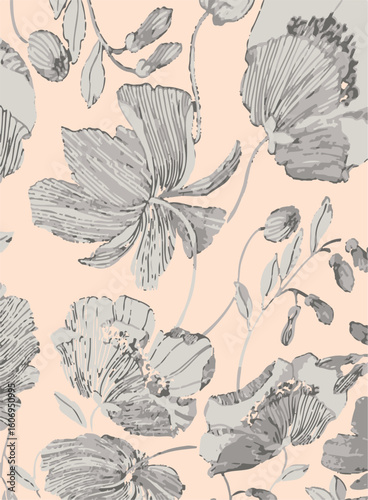 Purple and orange flowers on a white background, light colors, soft. watercolor flower seamless pattern. Watercolor print in rustic vintage style, textile or wallpaper.