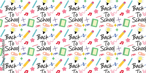 Back to School Seamless Pattern | Cute Doodle Style School Supplies and Typography Background