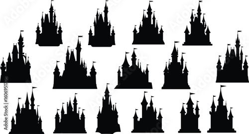 Black castle silhouettes set with multiple towers, flags, and turrets – fairy tale, fantasy, medieval architecture design elements