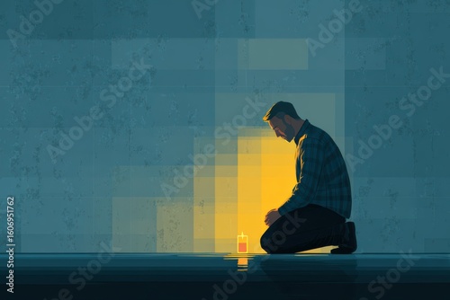 A young man kneeling on the floor in silent prayer, holding a candle. The scene conveys a sense of peace, spirituality, and reflection.