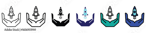 Hands Holding Rocket Icon – Startup Support and Innovation Concept in Line and Color Vector Styles


