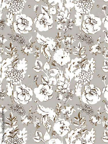 Purple and orange flowers on a white background, light colors, soft. watercolor flower seamless pattern. Watercolor print in rustic vintage style, textile or wallpaper.
