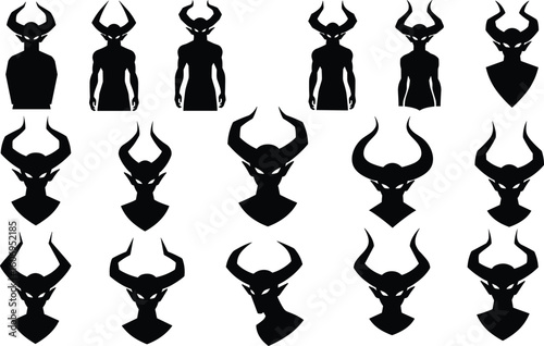 Demonic horned silhouette character set – dark fantasy villain heads and figures for horror art, tattoo design, logo, and concept