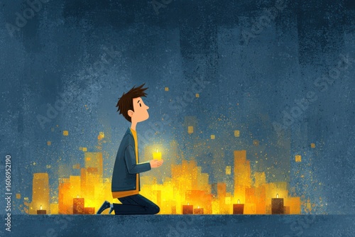 A young man is kneeling on the ground in silent prayer in front of a cityscape, showing a moment of reflection and contemplation.