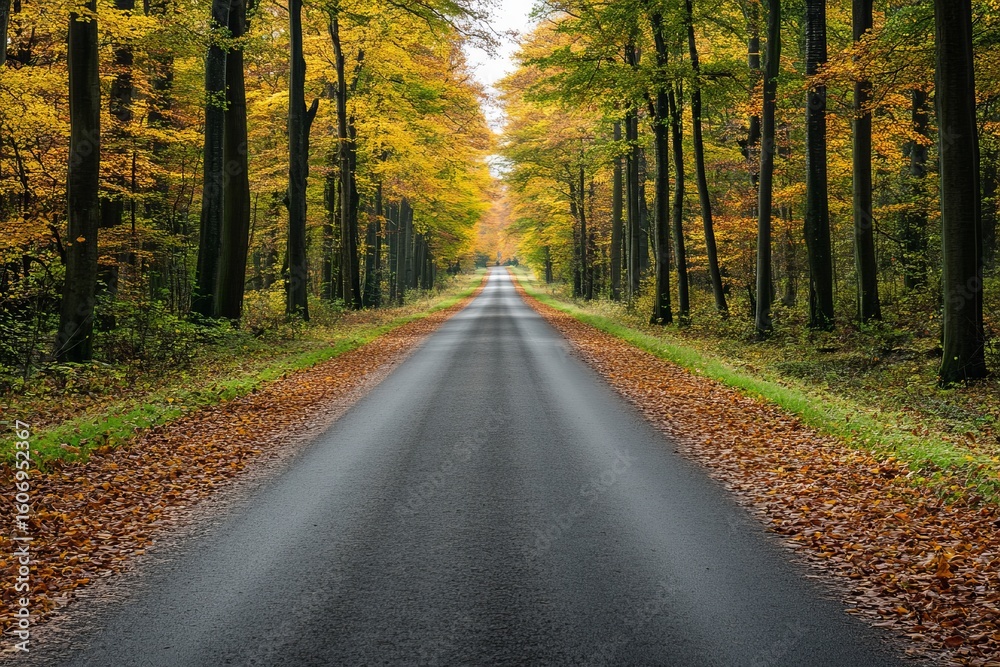 Obraz premium Autumn forest road lined with tall trees and fallen leaves, peaceful seasonal transition scene