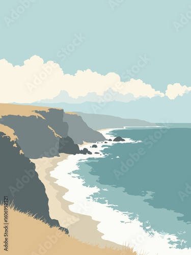 Daly City, CA – Pacific Ocean cliffs and coastal fog in cliff gray, surf blue, fog white, and dune beige