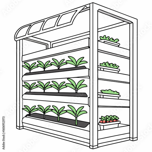 Vector illustration of modern indoor vertical farming system for sustainable agriculture and urban food innovation