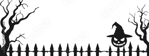Halloween banner with Scary pumpkin head in hat, put on old cemetery fence, gnarled scary trees. Holiday template.