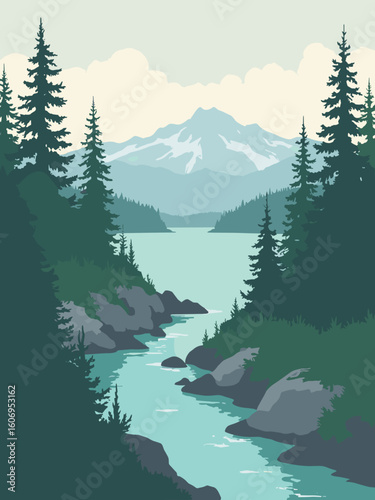 Federal Way, WA – Dash Point pine forest and Puget Sound in pine green, water teal, rock gray, and overcast silver