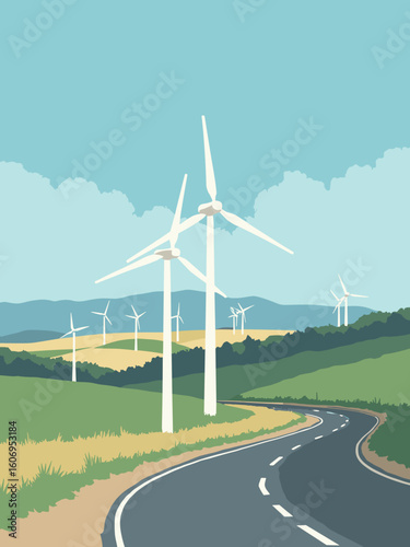 Tracy, CA – Tracy Hills wind turbines and farmland in turbine white, field green, sky blue, and road gray