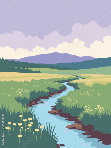 Longmont, CO – St. Vrain Greenway trails and prairie in trail brown, grass green, creek blue, and sky lavender