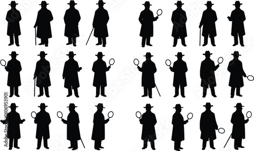 Detective silhouette collection – mystery investigator in trench coat with magnifying glass and cane for crime, noir, or investigation themes