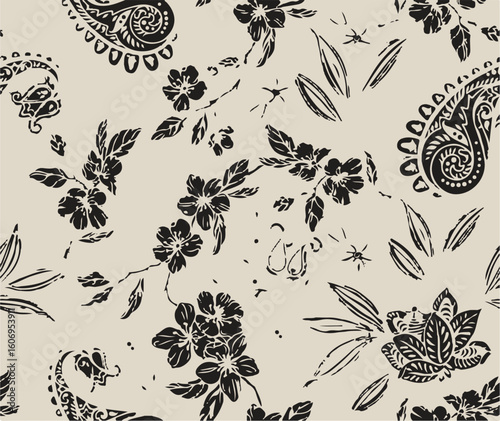 Purple and orange flowers on a white background, light colors, soft. watercolor flower seamless pattern. Watercolor print in rustic vintage style, textile or wallpaper.