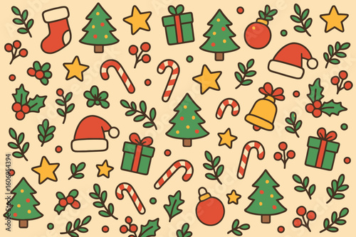 Charming hand drawn christmas icons pattern background