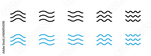 Water waves icon set. Three parallel wavy lines symbolizing waves or water flow vector illustration. Simple sea ripple pictogram symbol. Clean water sign. Minimalist wave pictogram.