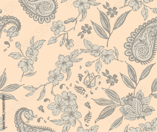 Purple and orange flowers on a white background, light colors, soft. watercolor flower seamless pattern. Watercolor print in rustic vintage style, textile or wallpaper.