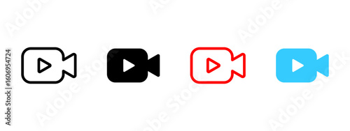 Live video icon. Camera shape with play button for movie or streaming content vector illustration. Media recording and playback symbol. Online film or clip UI sign. Minimal interface pictogram.